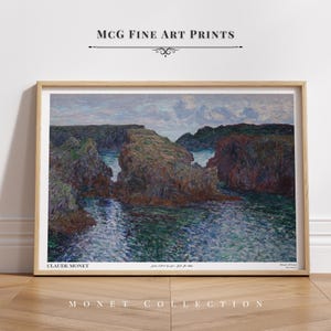 Impresión de arte de pared de galería de Monet Rocks at Port Goulphar, pintura al óleo costera francesa vintage, póster de mediados de siglo, decoración de sala de estar estética n.° 2124