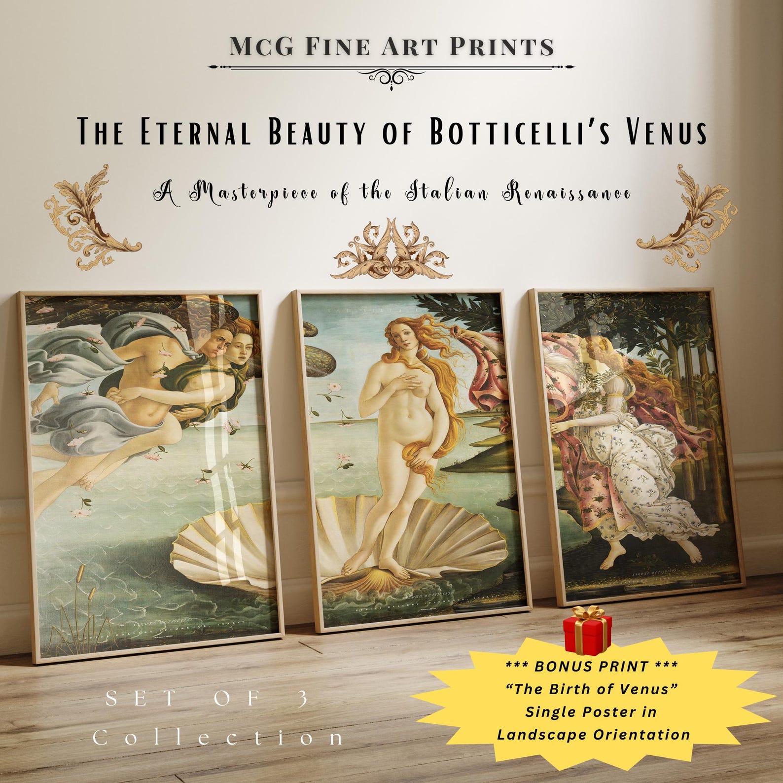 The Birth of Venus Art Print Set of 3 Vintage Wall Decor Antique Greek ...