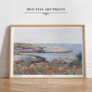 Impresión de arte de pared de galería de islas de Shoals de amapolas, pintura al óleo de paisaje costero vintage, póster del océano americano, decoración estética para sala de estar n.° 2228