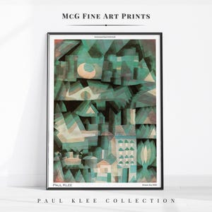 Puede incluir: Impresión de arte abstracto de "Dream City" de Paul Klee. La impresión presenta un diseño geométrico en tonos de verde, blanco y negro. El título "Dream City (1922)" está impreso en la esquina inferior derecha.