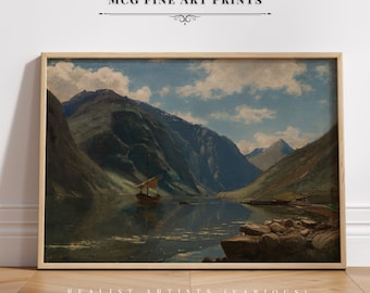 Vintage norsk fjordkonsttryck nordiskt landskap oljemålning väggdekor skandinavisk fjällsjö poster #462