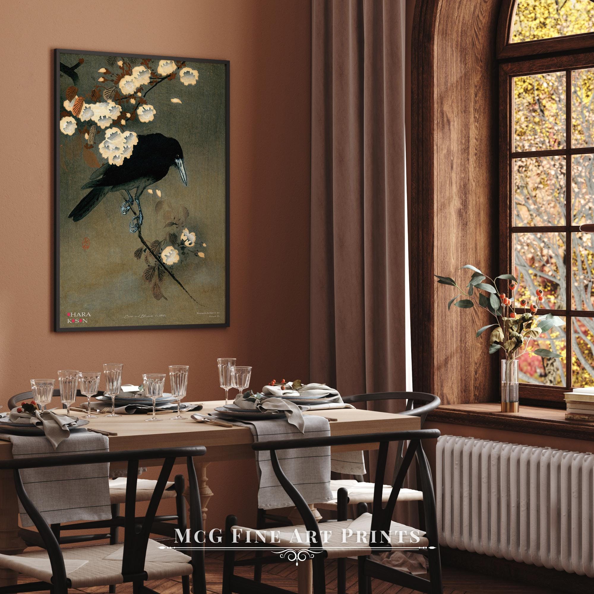 Crow and Blossom Gallery Wall Art Print Vintage Nature Japan