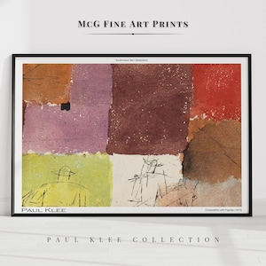 May include: Abstract art print featuring a colorful geometric composition with squares and rectangles in shades of brown, red, green, purple, and white. The print is titled "Composition with Figures (1915)" and is attributed to Paul Klee.