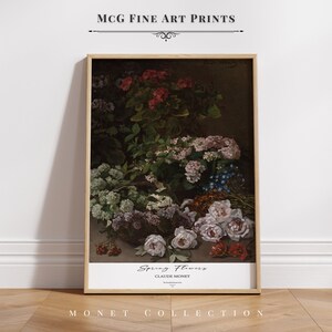 May include: A framed art print of a still life painting featuring a variety of flowers in a basket. The flowers are in shades of pink, white, purple, and blue. The painting is titled "Spring Flowers" and signed by Claude Monet.