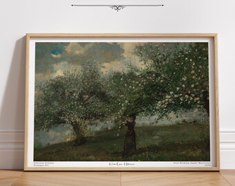 Girl Picking Apple Blossoms Gallery Wall Art Print Vintage Landscape Aesthetic Living Room Rustic Home Decor Mid Century Oil Painting|PWA372