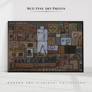 May include: A framed modern art print with a geometric design in shades of brown, gray, and blue. The artwork features shapes, symbols, and text, including the words "MCG FINE ART PRINTS" and "MODERN ART (VARIOUS) COLLECTION".