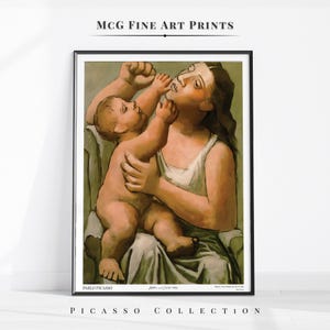Impresión de arte de pared de galería de Picasso de madre e hijo, pintura al óleo moderna de mediados de siglo, póster, regalo para ella, decoración de sala de estar de estética vintage n.° 1388