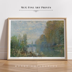 Impresión de arte de pared de galería Monet con orillas del Sena en otoño, pintura al óleo de paisaje otoñal vintage, decoración de sala de estar estética de mediados de siglo n.° 1746
