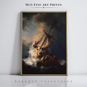 May include: A painting of a ship caught in a storm, with people on board. The ship is being tossed about by the waves, and the sky is dark and stormy. The painting is in a gold frame and is titled "The Stormy Sea".