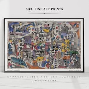 May include: Abstract painting of a city scene in shades of gray, blue, yellow, red, and green. The painting is titled "New York City, Bird's Eye View (1950)" and is by Joaquin Torres-Garcia. The painting is part of the Expressionist Artists (Various) Collection.