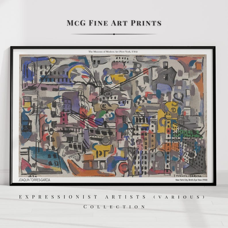 May include: Abstract painting of a city scene in shades of gray, blue, yellow, red, and green. The painting is titled "New York City, Bird's Eye View (1950)" and is by Joaquin Torres-Garcia. The painting is part of the Expressionist Artists (Various) Collection.