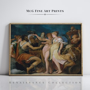 Puede incluir: Una impresión enmarcada de la Colección Renacimiento que presenta una pintura clásica con figuras con túnicas fluidas. La obra de arte tiene un fondo azul oscuro y un marco dorado. El texto "MCG FINE ART PRINTS" está en la parte superior.