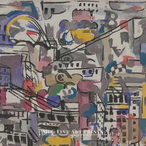 May include: Abstract watercolor painting with geometric shapes in shades of gray, blue, yellow, red, and black. The painting features a variety of lines and shapes, creating a sense of movement and energy.