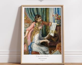 Zwei junge Mädchen am Klavier, Ölgemälde-Galerie, Wandkunstdruck, Mid-Century-Ästhetik, Wohnzimmer, Heimdekoration, digitaler Kunst-Download|PWA#018