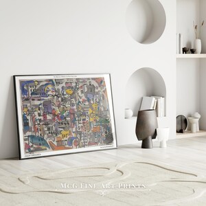 May include: A colorful abstract painting of a city scene. The painting is done in a style reminiscent of cubism, with geometric shapes and overlapping forms. The colors are bright and vibrant, and the overall effect is one of energy and movement. The title of the painting is "The Mystery of Matisse in New York, 1919" by Joaquin Torres-Garcia.