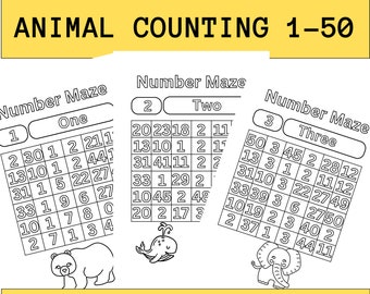 May include: Black and white printable number maze worksheets for kids. Each page features a different animal, including a bear, whale, and elephant. The mazes are numbered 1-50.  The title of the worksheet is "Number Maze Animal Counting 1-50".