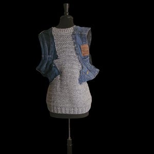 Wool Sweater Vest with Denim Sleeves