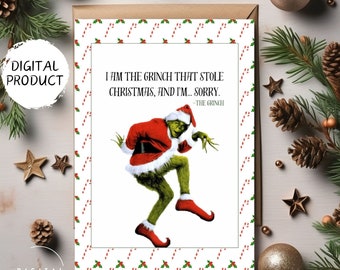 Il biglietto d'auguri di Natale del Grinch, biglietto pieghevole di Natale Download istantaneo cartoline da 5x7 pollici per Natale, download di carte digitali di Natale