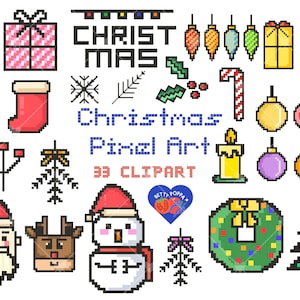 以下が含まれることがあります： ピクセルアートのクリスマスをテーマにしたクリップアートセット。サンタ、トナカイ、雪だるま、ギフト、オーナメント、リース、クリスマスツリーが含まれています。「CHRISTMAS」と「Christmas Pixel Art」の文字も含まれています。