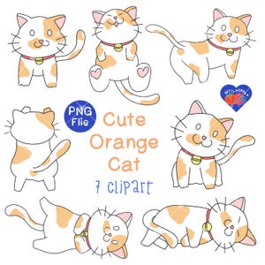 Playful Orange Cat Clipart Set – 7 Hand-Drawn Kawaii Cat Poses in PNG