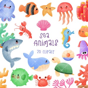 Watercolor Sea Animals Clipart: 20 PNG Images (Digital Download)