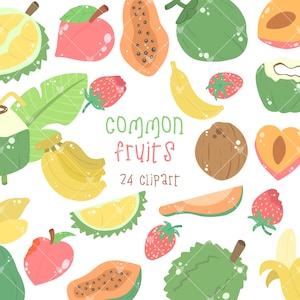 Niedliches Obst Clipart-Set | 24 Handgezeichnete PNG-Bilder | Kokosnuss, Banane, Pfirsich, Durian & Mehr