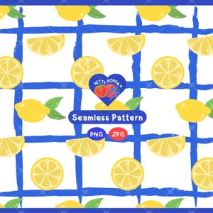 Modèle sans couture de pique-nique au citron piquant | Agrumes dessinés à la main sur fond Vichy bleu | Sublimation estivale ou design de tissu mignon