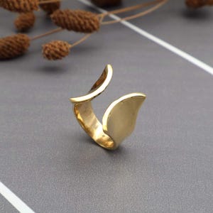 Könnte beinhalten: Ein goldfarbener Ring mit einem einzigartigen, offenen Design. Der Ring hat zwei geschwungene, blattartige Formen, die den Finger umschließen. Der Ring besteht aus einem glänzenden, metallischen Material.