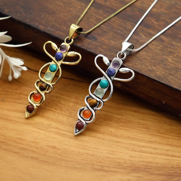 Caduceus 7 Chakra Pendant Necklace | Healing Brass Amulet with Gemstones Spiritual Energy Balance Jewelry