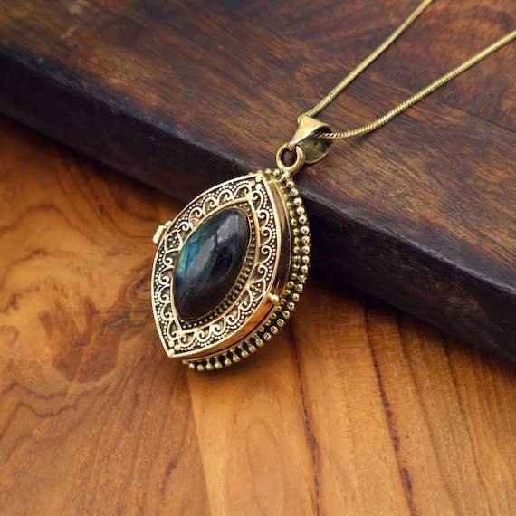 Vintage Stone secret box Locket Necklace – Boho Turquoise & Labradorite Pendant with Chain | Photo Keepsake Jewelry