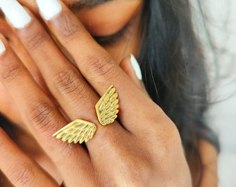 Anillo de ala de ángel dorado con diseño abierto, ajustable, con plumas, joyería celestial y espiritual, regalo para mujer.