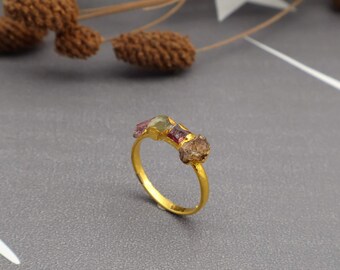 Raw Tourmaline Golden Ring Handmade Gemstone Band Boho Minimal Stacking Gift for unisex