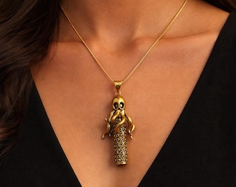 Octopus Spoon Box Pendant Hidden Compartment Jewelry, Vintage Style Brass Locket, Secret Stash Necklace