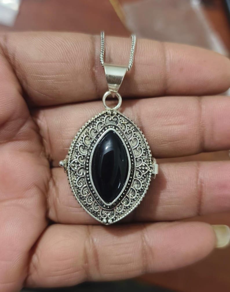 Vintage Stone secret box Locket Necklace – Boho Turquoise & Labradorite Pendant with Chain | Photo Keepsake Jewelry image 11