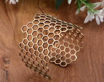 3d printed hexagon women brass cuff bracelet, honeycomb white bangel made of golden colour