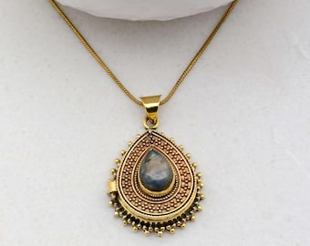 Poison secret compartment box brass golden pendant with chain, Moon gemstone prayer box pendant for women & men