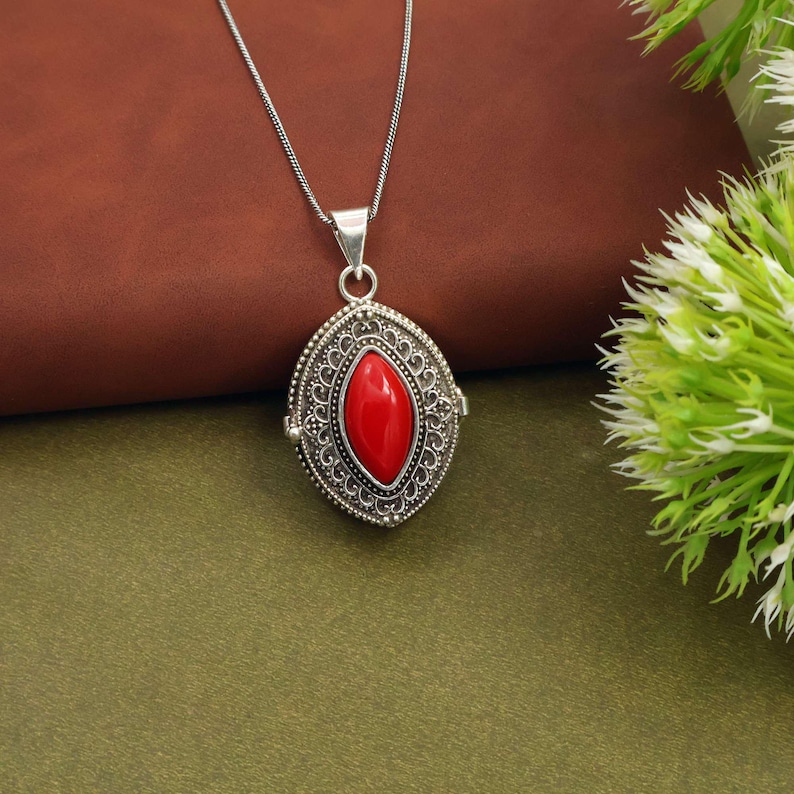 Vintage Stone secret box Locket Necklace – Boho Turquoise & Labradorite Pendant with Chain | Photo Keepsake Jewelry red coral
