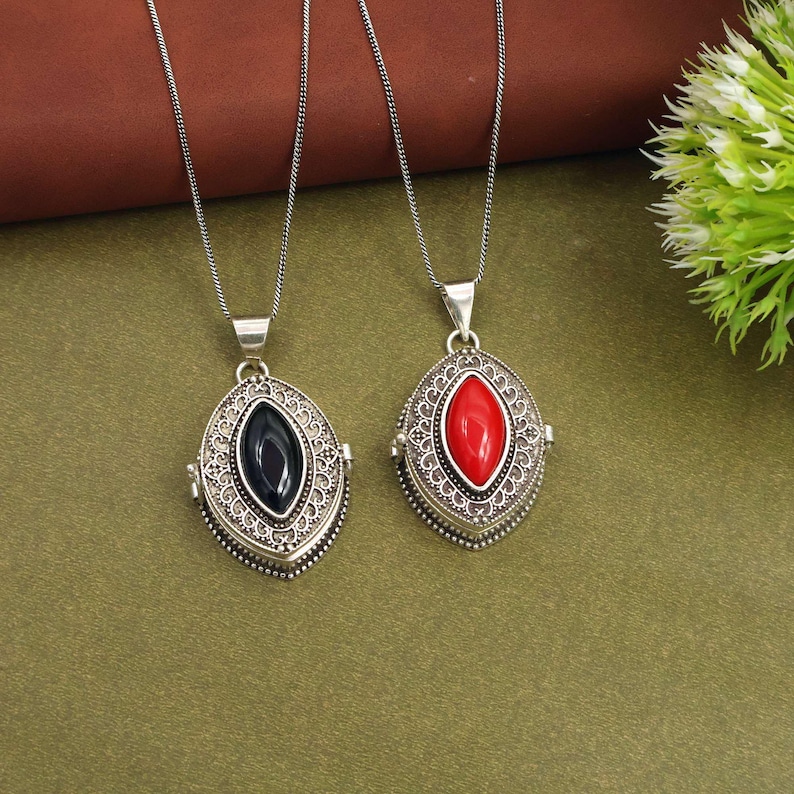 Vintage Stone secret box Locket Necklace – Boho Turquoise & Labradorite Pendant with Chain | Photo Keepsake Jewelry image 4