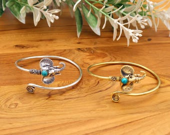 Elephant Cuff Bracelet Turquoise Stone | Brass & Silver Adjustable Bangle Tribal Spiritual Gift Women Men