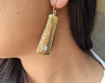 Handmade Brass Dangle Earrings with Black Stone Boho Tribal Long textured Women jewellery.
