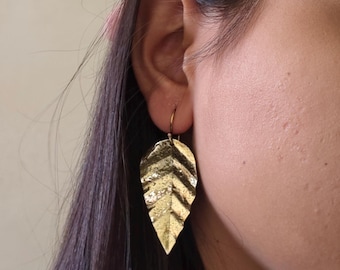 Hammered Brass Leaf Earrings, Gold Bohemian Nature Dangle Jewelry