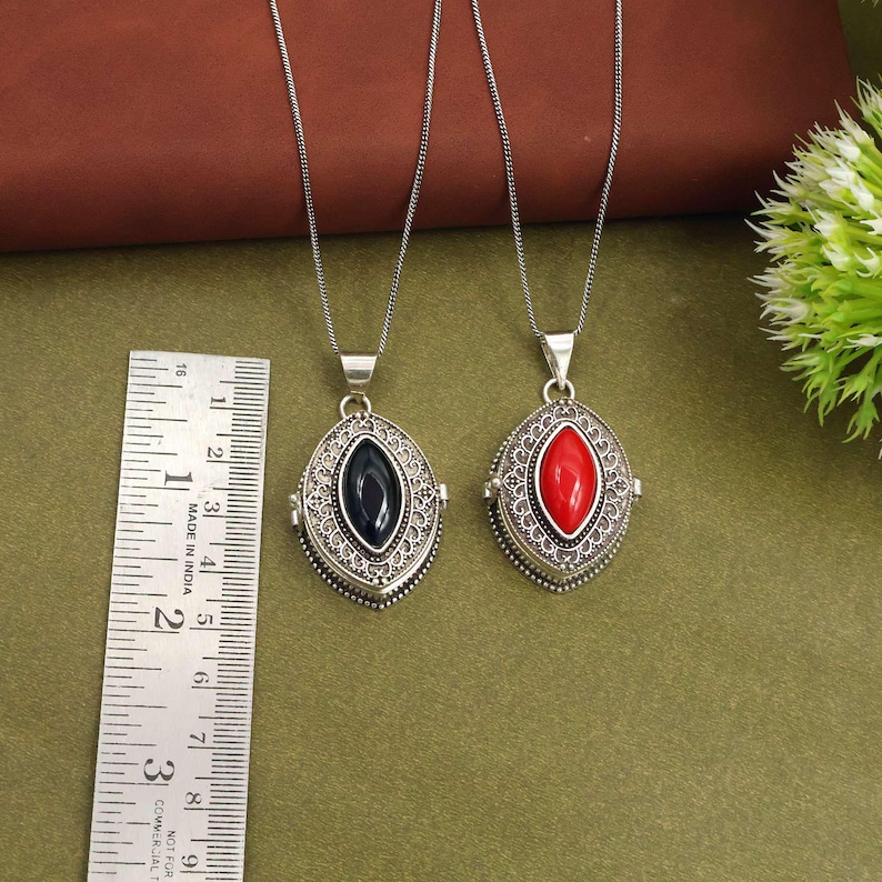 Vintage Stone secret box Locket Necklace – Boho Turquoise & Labradorite Pendant with Chain | Photo Keepsake Jewelry image 13