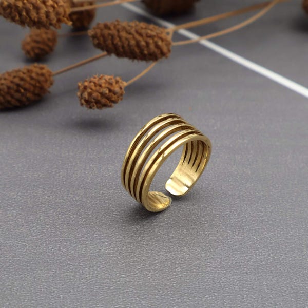Gold Plated Brass Adjustable Minimalist Open Band Ring | Boho Stacking  for Women