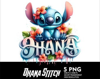 5 PNG Stitch Ohana Splash en aquarel transparant PNG-bestand voor sublimatie 300Dpi hoge resolutie PNG downloadbestanden Stitch Ohana