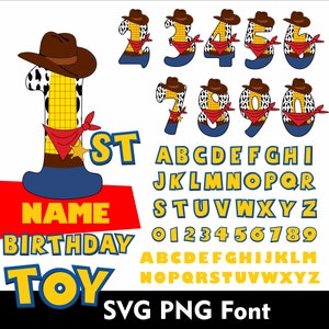 Alphabet anniversaire Toy Story SVG PNG Doodle alphabet boisé lettre A à Z Toy Story police jouets police Doodle lettre histoire