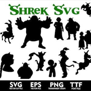 May include: Black and white silhouette images of characters from the movie Shrek. The characters include Shrek, Fiona, Donkey, Puss in Boots, and others. The text "SHREK SVG" is at the top of the image.