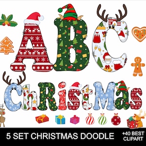 Christmas Doodle Png Font Bundle 5 Set Letters Santa Font Elf Font Png Letters XMas Alphabet PNG for Sublimation