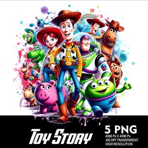 Op de afbeelding: Een kleurrijke illustratie van de Toy Story-personages, waaronder Woody, Buzz Lightyear, Jessie, Rex en Slinky Dog. De personages zijn geplaatst tegen een witte achtergrond met kleurspatten.