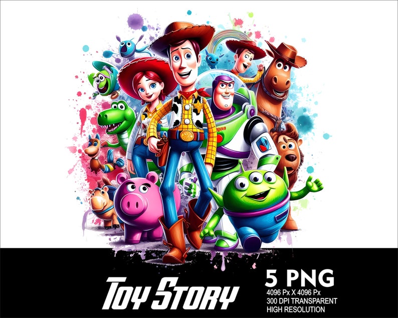 Op de afbeelding: Een kleurrijke illustratie van de Toy Story-personages, waaronder Woody, Buzz Lightyear, Jessie, Rex en Slinky Dog. De personages zijn geplaatst tegen een witte achtergrond met kleurspatten.