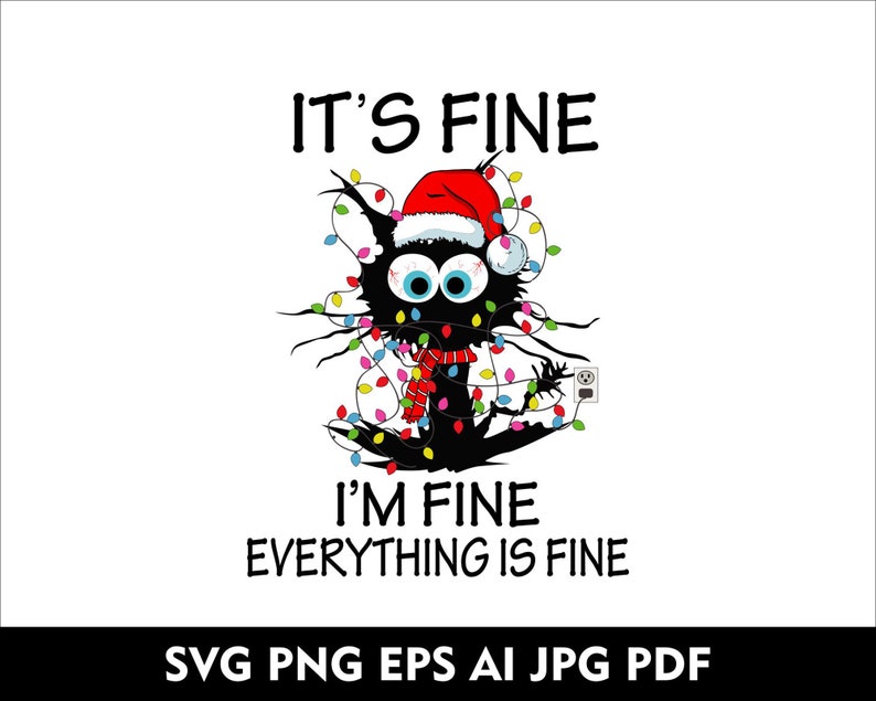 Its Fine Cat Im Fine Everything Fine Black Cat Christmas Lights